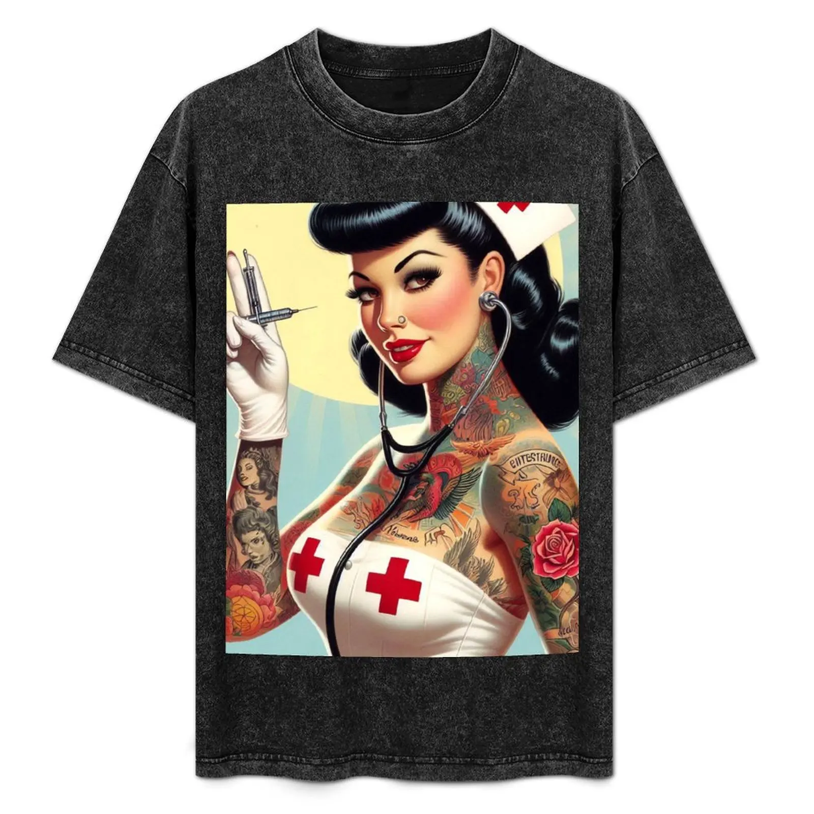 

Retro Hot Nurse Pin-up T-Shirt No Iron Casual Short Sleeve Top