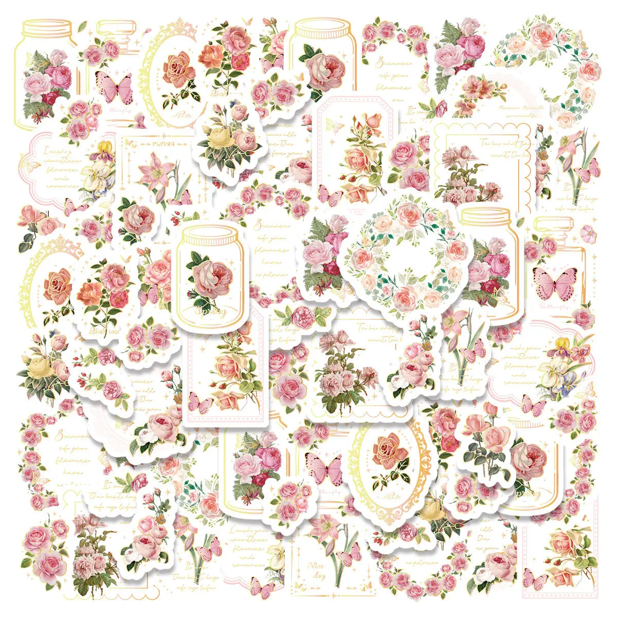 3Sheets PET Hot Stamping Process Retro Plant Pink Begonia Flower Waterproof Collage Rich Patterns DIY Cups Decoration Stickers