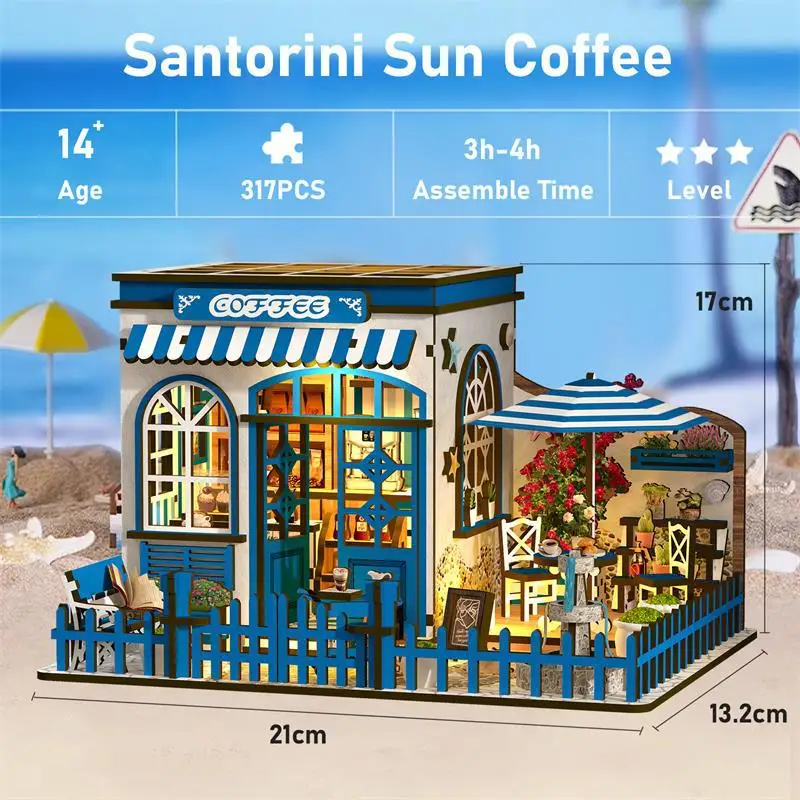 Diy casa de bonecas de madeira santorini sol café casa em miniatura com kit móveis montar brinquedo criança adulto presente aniversário casa