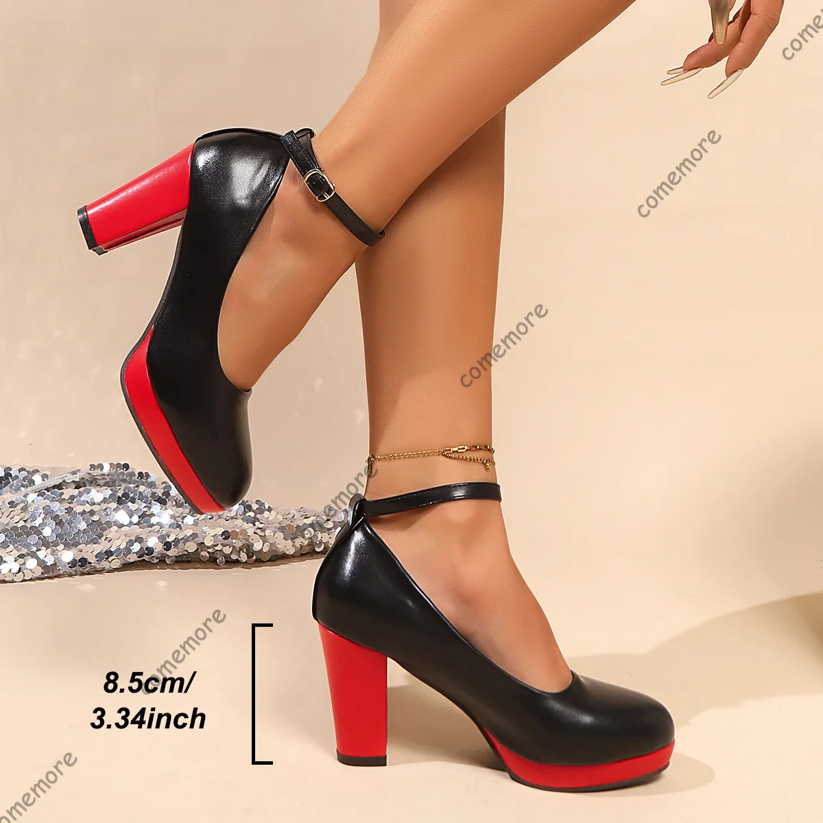 Comemore Sexy Super High Heels Shoes for Women Ankle Buckle Chunky Platform Pumps Woman Color Blocking Heels Women Large Size