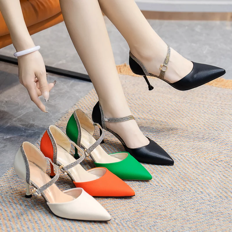 Rimocy Mix Color Ankle Strap High Heels Shoes Women Pu Leather Thin Heeled Pumps Woman 2024 New Shining Patchwork Party Shoes