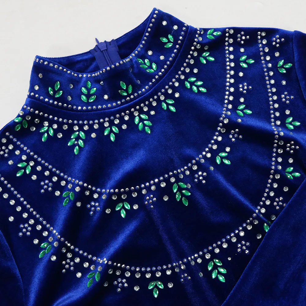 Herfst Dameskleding Moslim Mode Abaya Fluwelen Rits Groene Waterdrop Diamond Treasure Blauwe Jurk