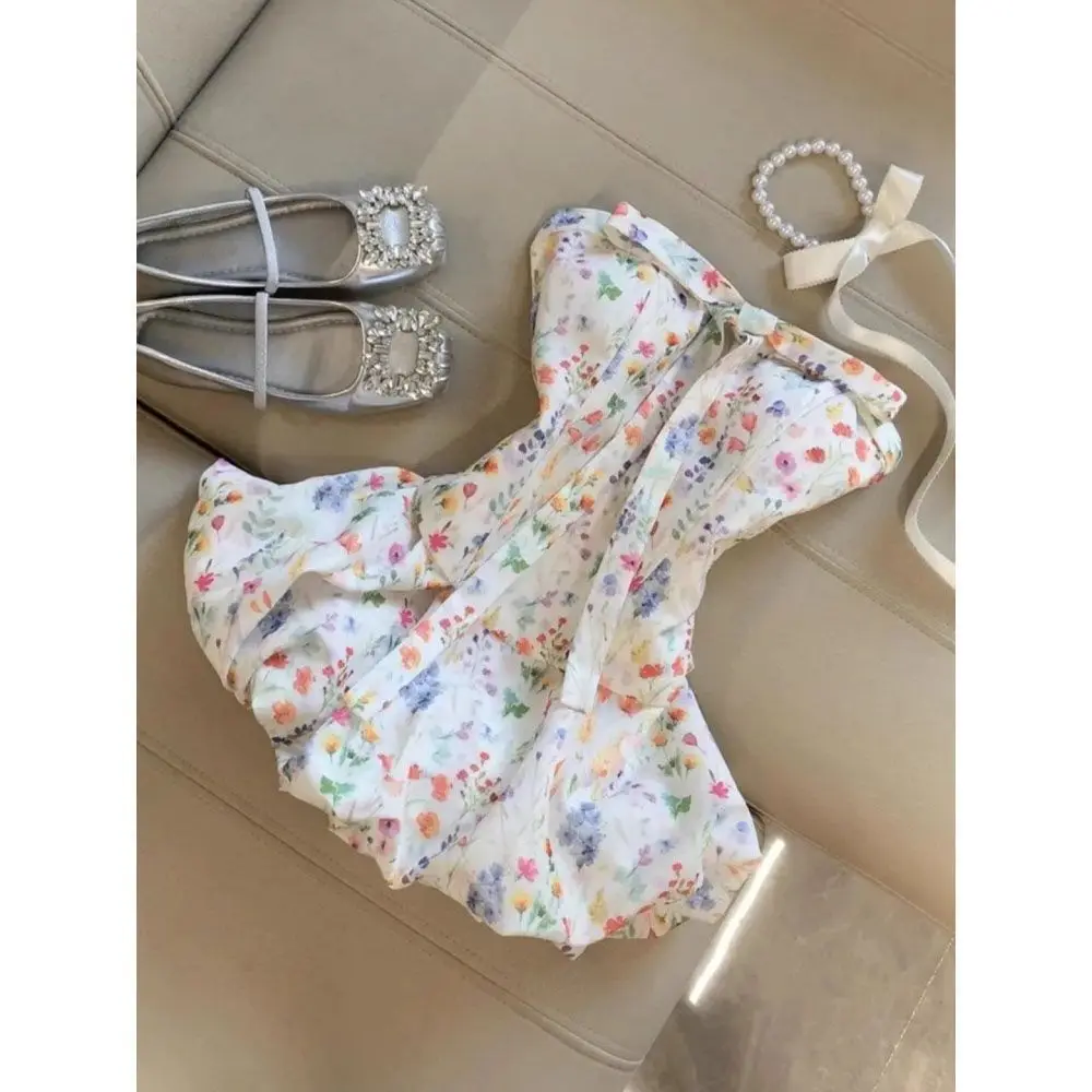 Conjunto de Dos Piezas para Mujer, Estilo Y2K, Top Corto sin Tirantes con Estampado Floral y Falda con Estampado Floral, Ropa de Verano para Festivales, Vestido, Camisetas sin Mangas y Camisolas