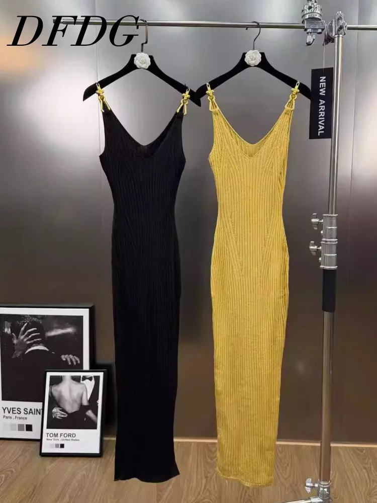 DFDG Vestido camisola de punto acanalado negro amarillo de primavera para mujer Vestido largo sin mangas Casual Diario 2025 Vestido de moda femenina de moda