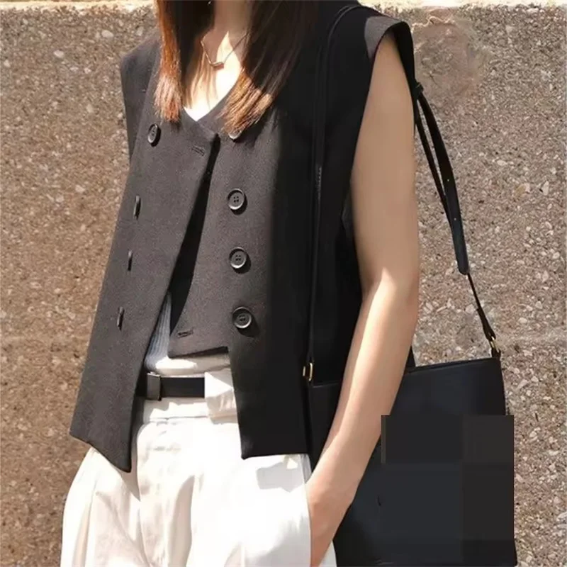 Black Suit Vest Women Irregular Top 2025 Spring Summer New Double Breasted Casual Thin Shoulder Waistcoat Female Clothes