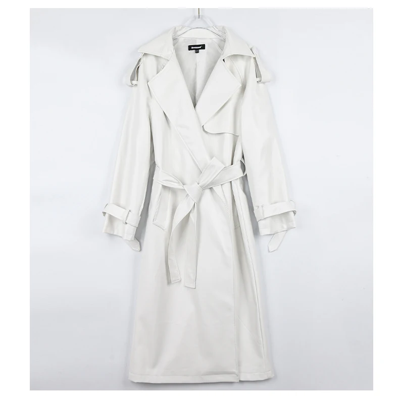 Mauroicardi Spring Autumn Black Long Soft Pu Leather Trench Coat for Women Sashes Loose Casual White Waterproof Overcoat 2025