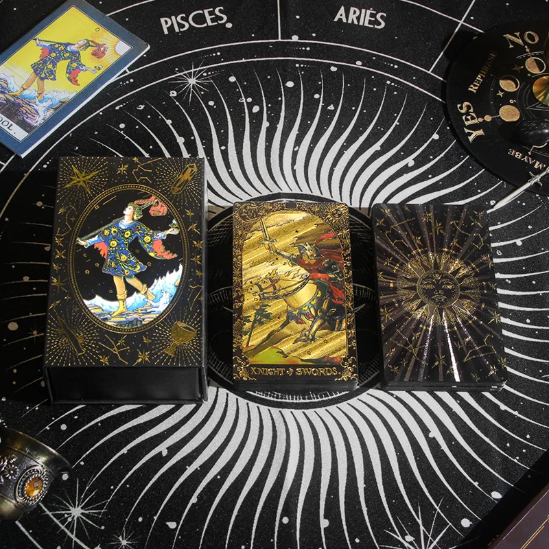 12x7cm Classic Wait Tarot Card Board Games Fortune Telling Black Gold Sun Tarot Card with Guidebook
