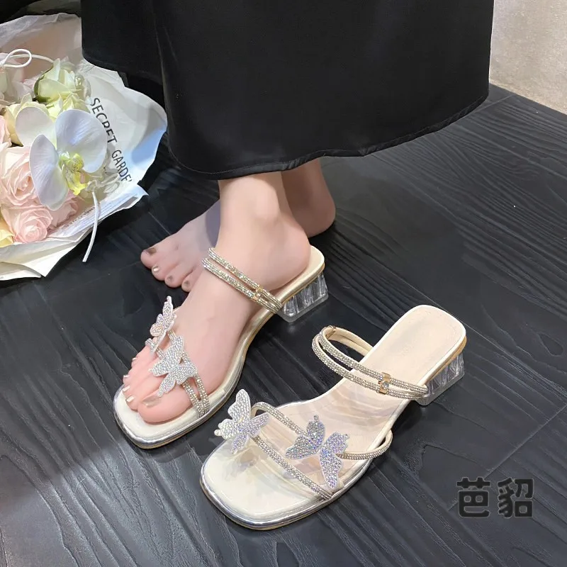 Fairy Tale Style Thick Heel Sandals  Knot Two-Way Wear Diamond Glitter Open-Toe Slip-On Summer Shoes for Women