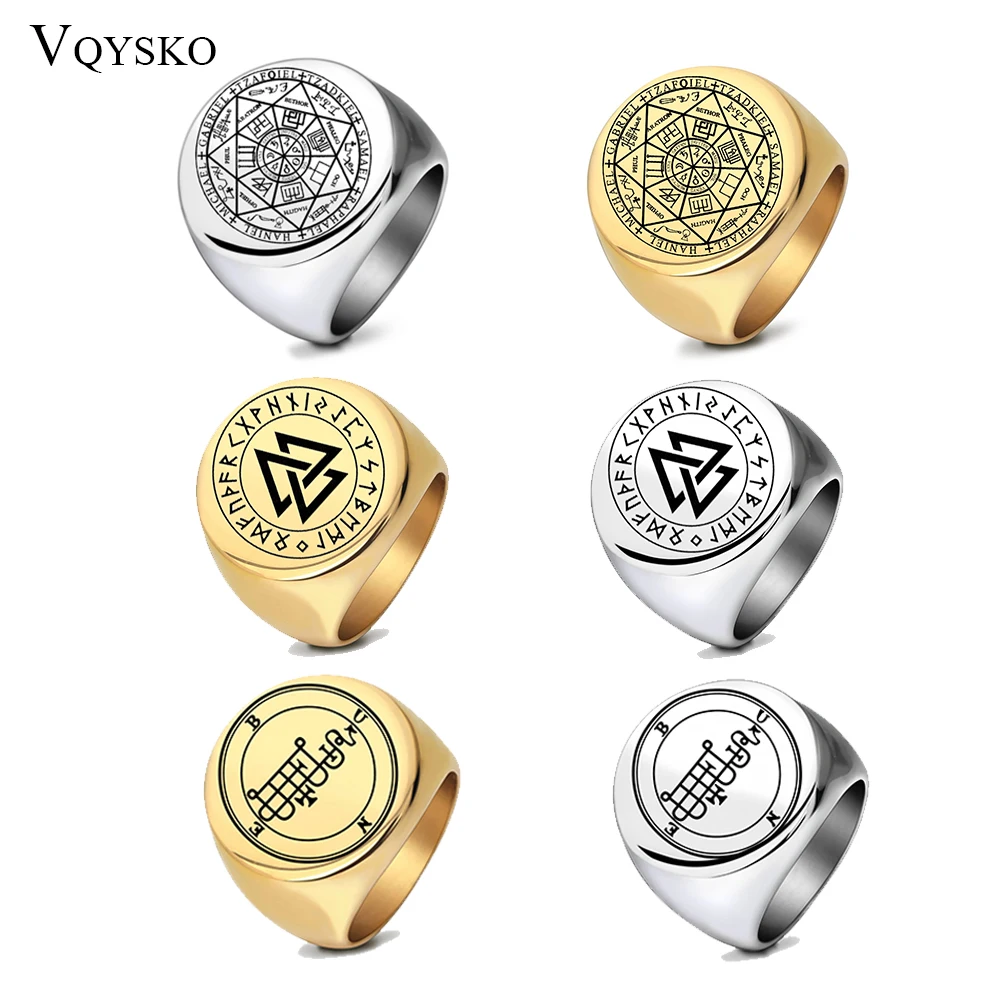 VQYSKO Solomon Six-Pointed Star 12 Constellation Round Signet Rings Stainless Steel Band for Men Women