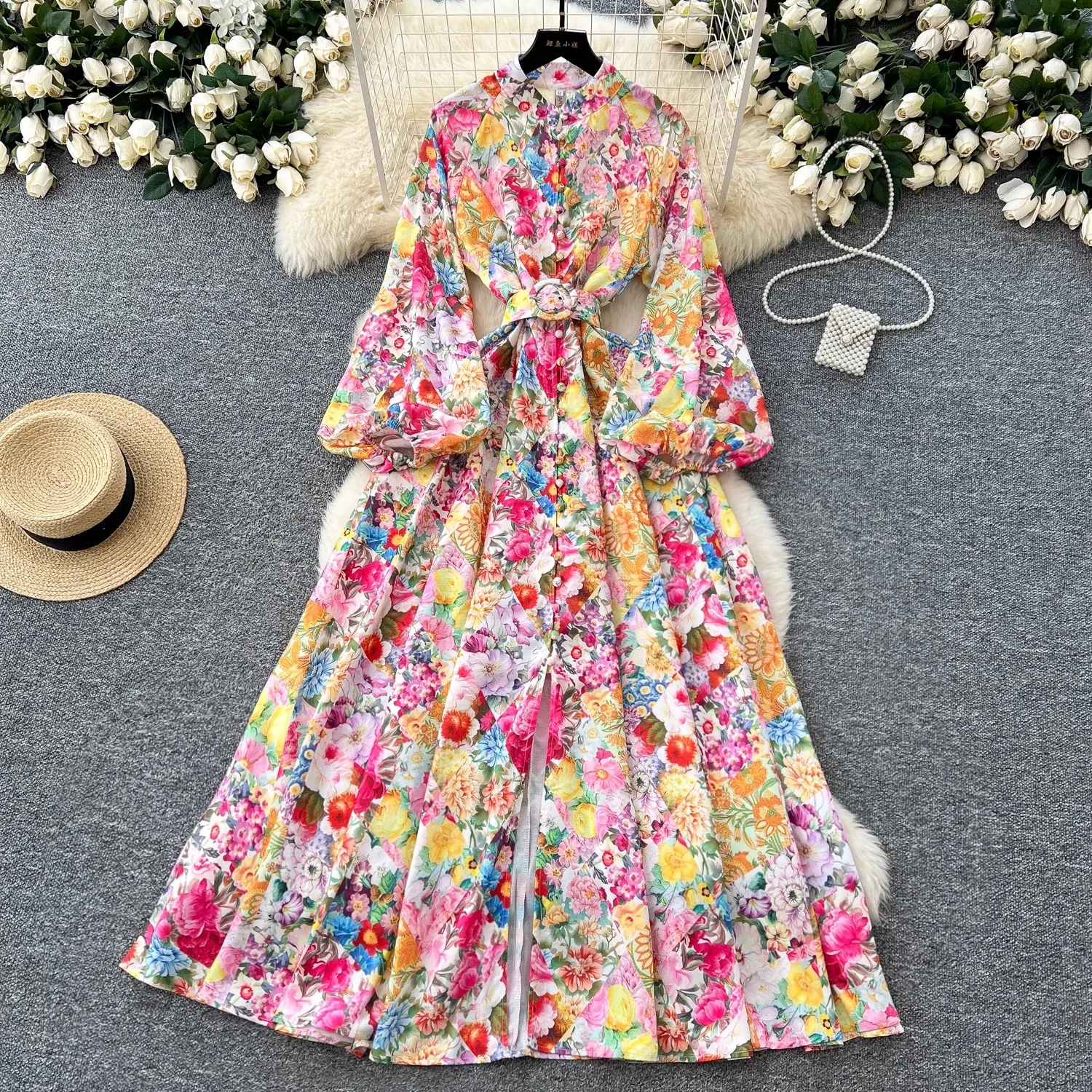 

Elegant Linen Floral Holiday Robe Dress Women Spring Summer Stand Long Lantern Sleeve Sashes Vestidos Floral Print Clothes