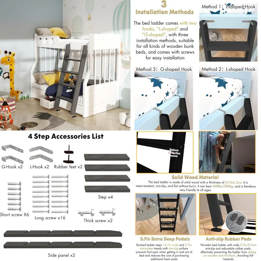 

50-60 Deep-Step Wood Bunk Ladder for Loft, Dorm, RV - 660 lbs Capacity, Anti-Slip