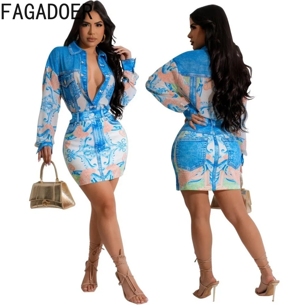 Fagadoer blau Retro-Print-Shirts zweiteilige Sets Frauen Turndown Kragen Knopf Langarm Top und Miniröcke Outfits Kleidung