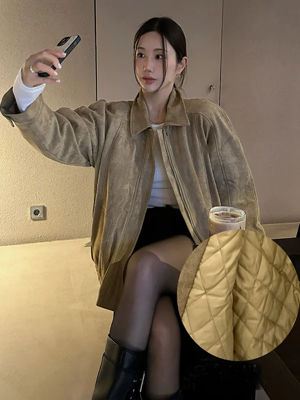 

Chic Thiened Winter Women's Jaet with Cotton Laid Leather Velvet Loose Fit Hong Kong Sle Retro Versatile Coat Top