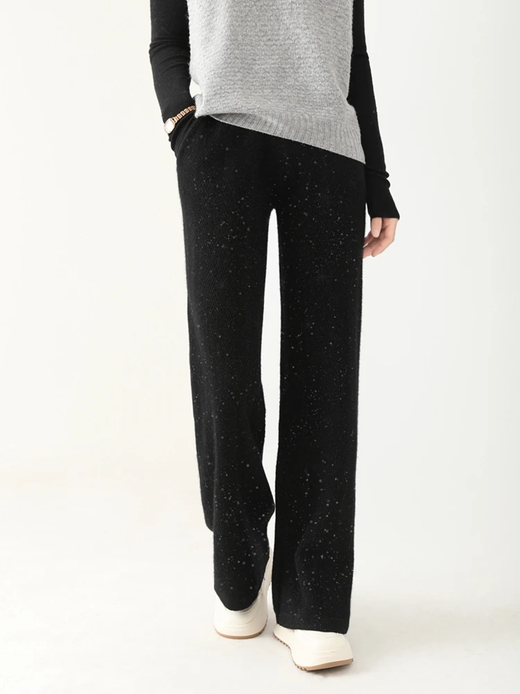 New Fashion 100% Merino Wool Woman Sweater Elegant Female Autumn Winter Knitwear Lady Wide Leg Full Length Trousers Solid Bottom