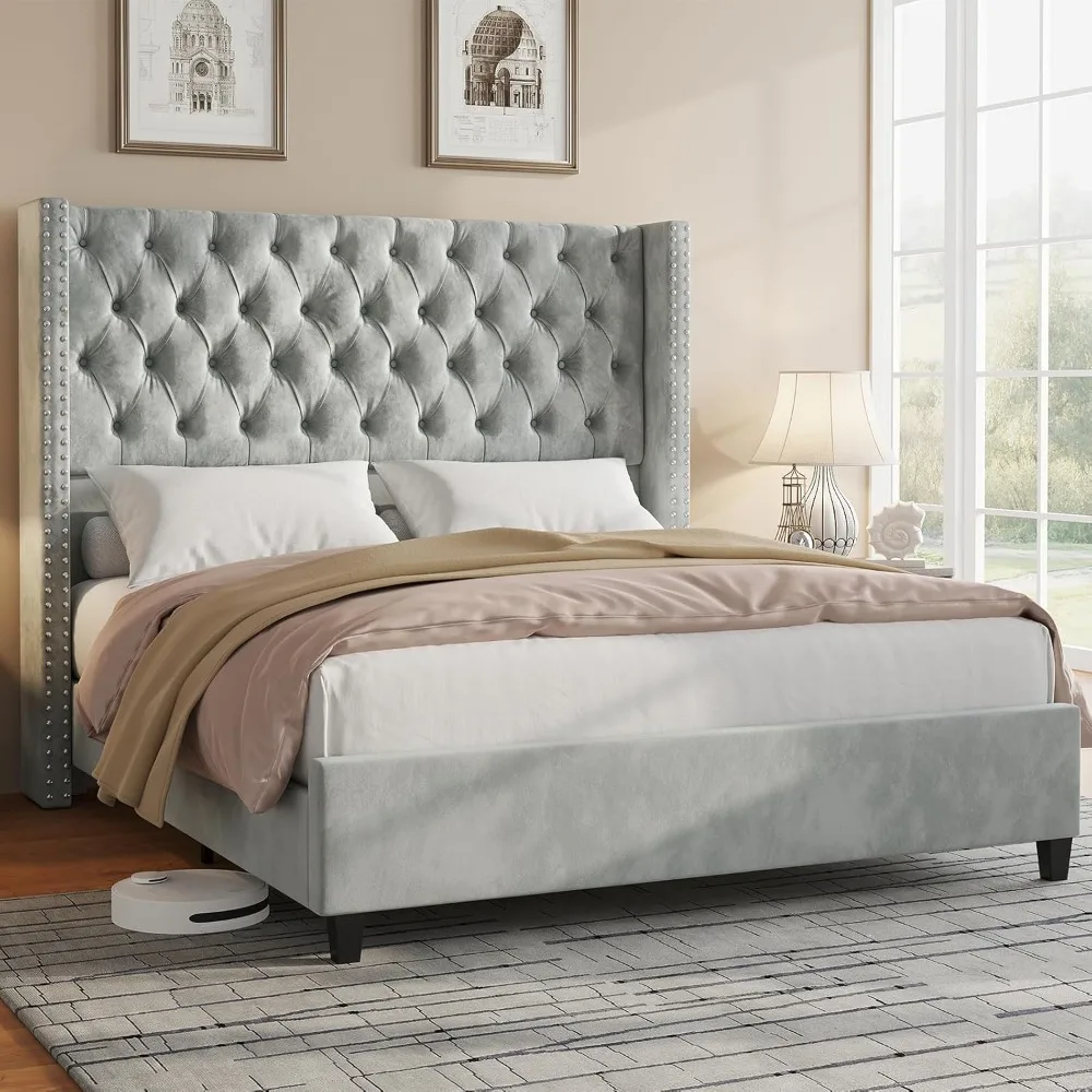 Queen Bed Frame, Velvet Upholstered Platform Bed with 51.6" Tall Wingback Headboard, No Box Spring Needed, Bed Frame