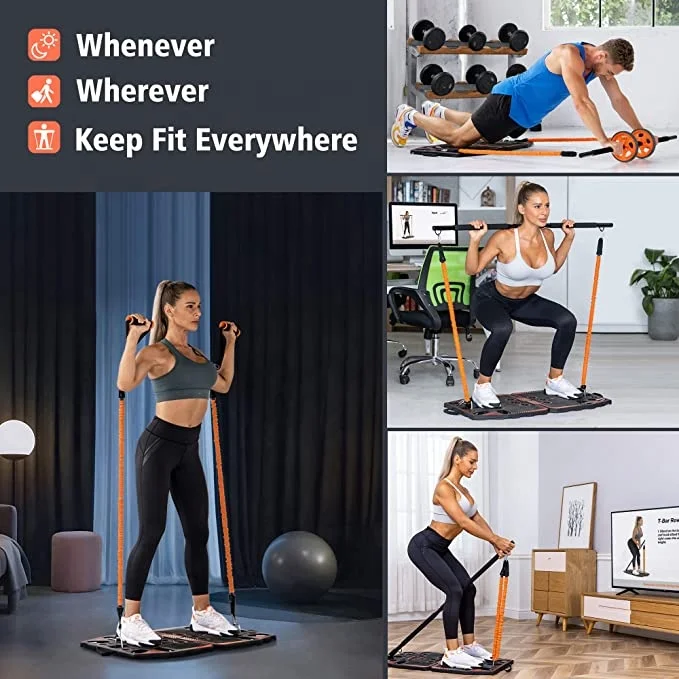 Portable Home Gym Workout Equipment for Body Workouts System Roller Wheel Elastic Resistance Bands Push-up Stand