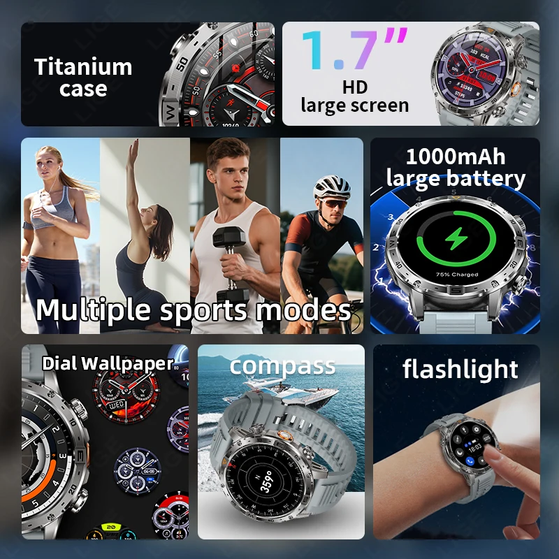 LIGE جديد مصباح ليد جيب ساعة ذكية الرجال في الهواء الطلق البوصلة 1000mAh بطارية كبيرة بلوتوث دعوة مقاوم للماء الرياضة اللياقة البدنية Smartwatch #6