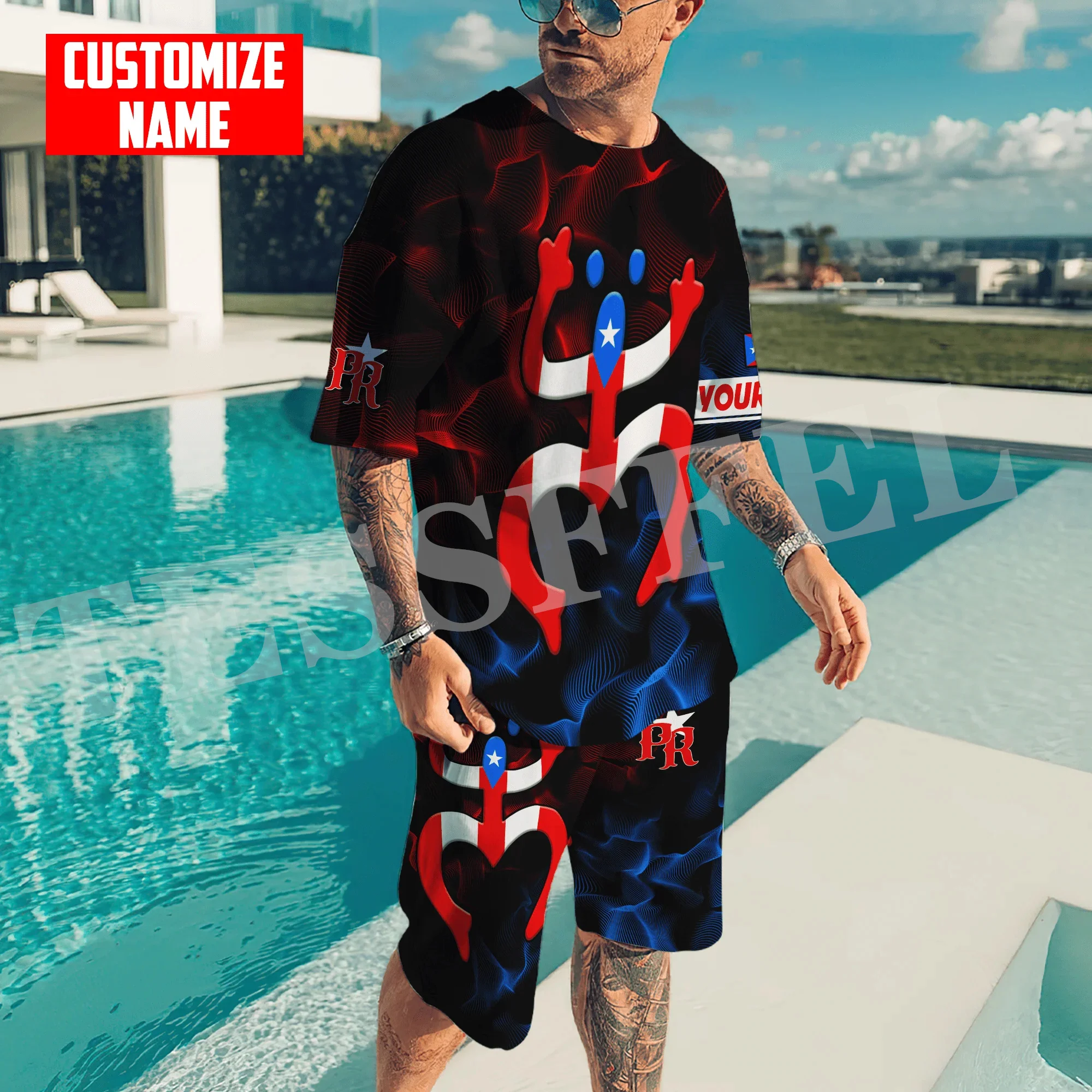 

Custom Name Puerto Rico Boricua Country Tattoo Vintage 3DPrint Casual Shirts Pants Combo Suits Summer Short Sleeves Streetwear L