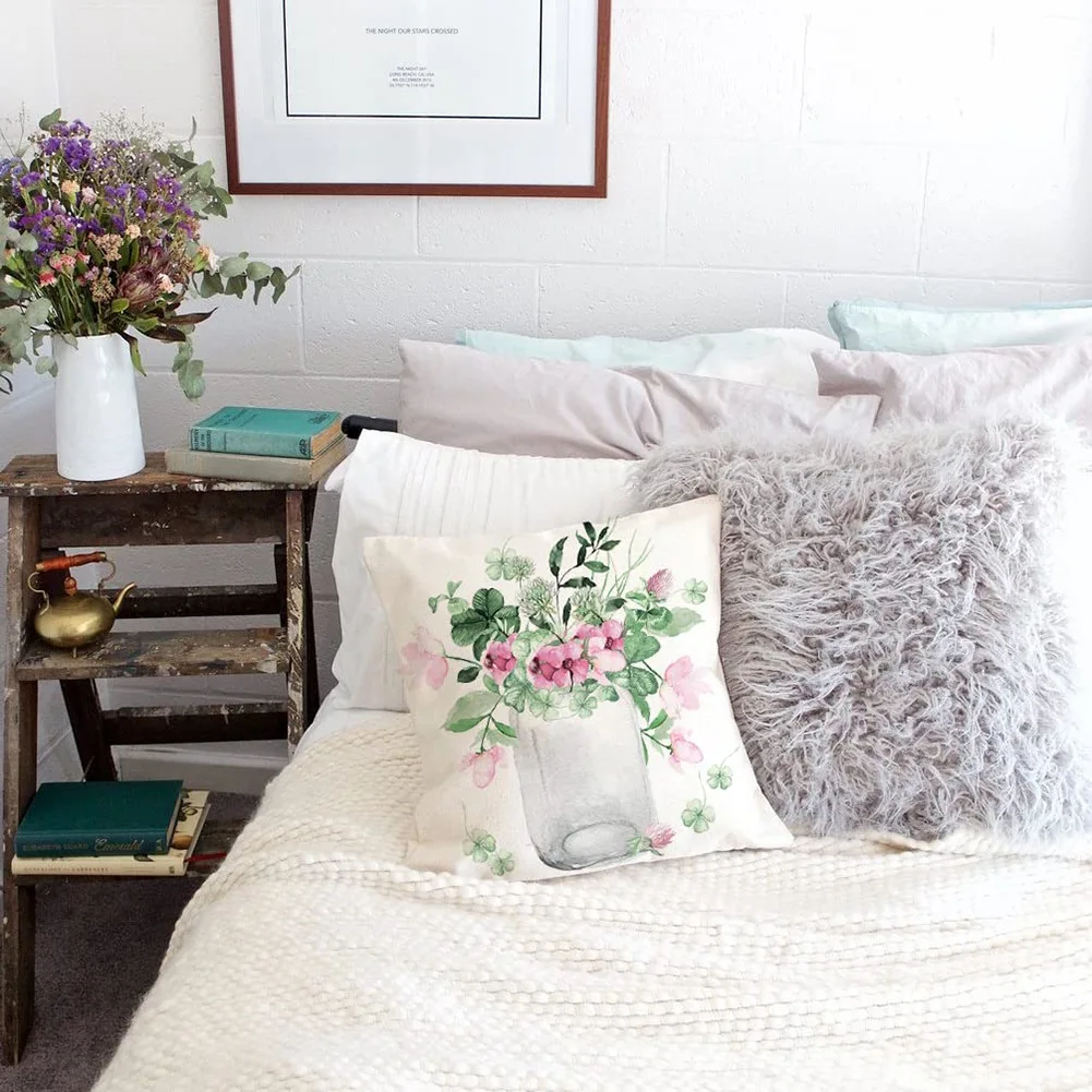 ABFN-Spring Pillow Covers 18X18 Set Of 4 Farmhouse Throw Pillows Cases Spring Decorations Cushion Covers For Home Couch