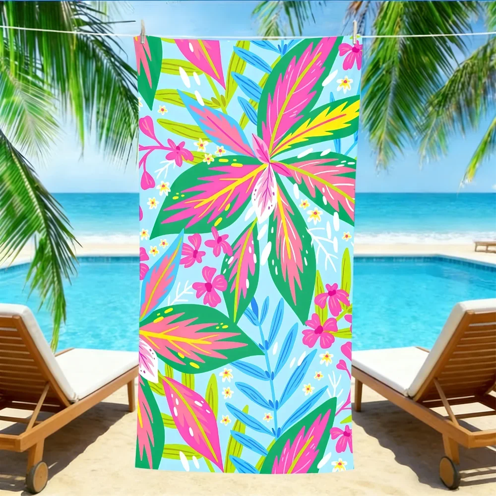 Tropical Floral Beach Towel – Oversized Quick Dry Sand Free with Pink & Green Leaf Print