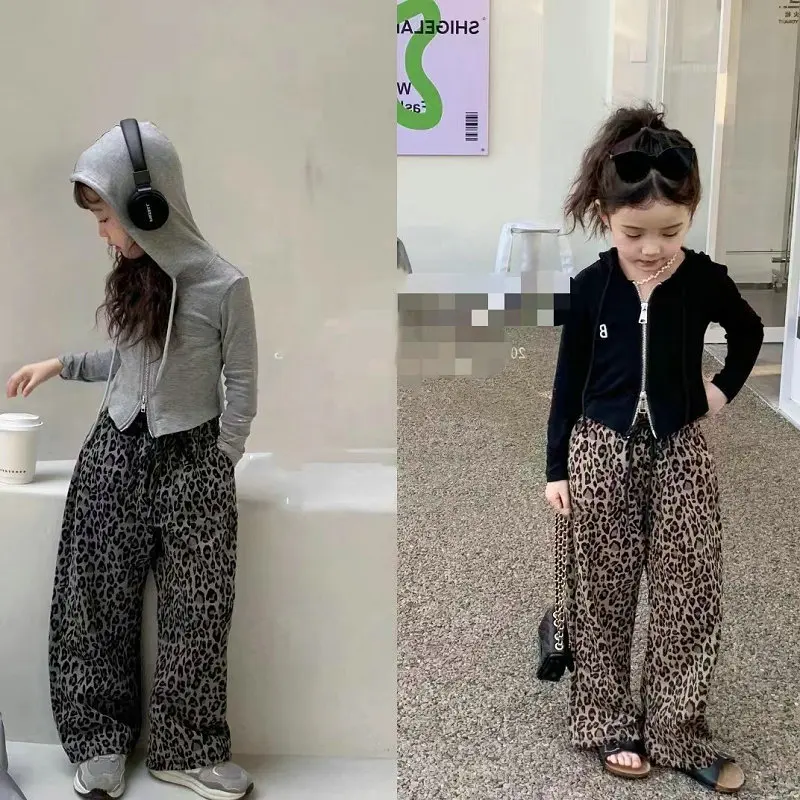 Girls' Set Slim Fit Hooded Zipper Jacket with Leopard Print Pants25Spring and Autumn New Fashion Foreign Trade Children's Clothi