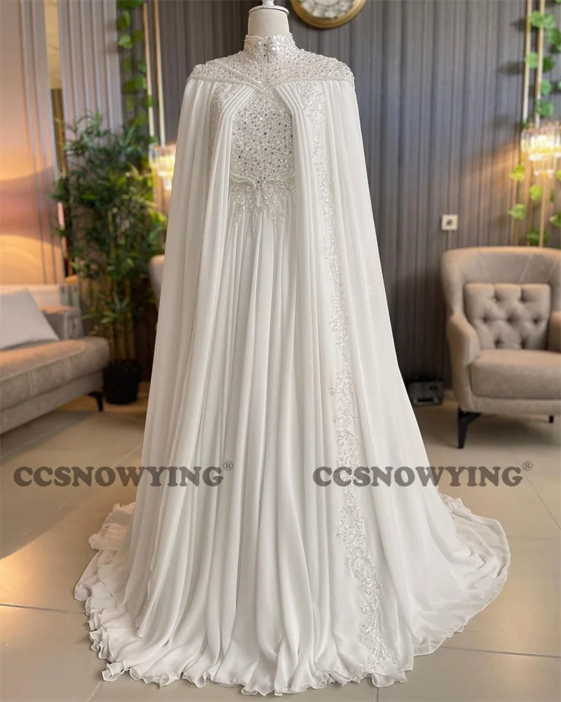 

Chiffon Sequin Beaded Wedding Dresses for Bride with Cape Long Sleeve High Neck Islamic Bridal Gown Arabic Dubai Robe De Mariée