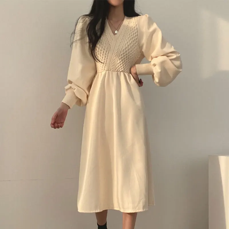 Vintage Autumn Knitted Korean Solid Woman Sweater Dress Women Dresses Thick 2022 Clothing Warm Winter Elegant Apricot Vestido