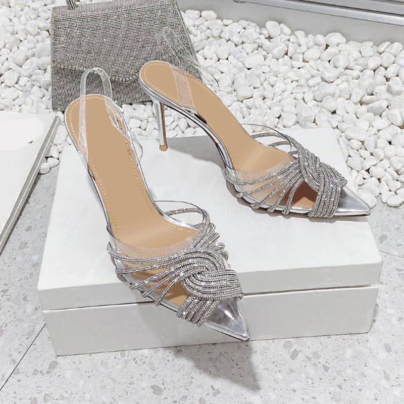 Designer Brand Women Pumps Rhinestones High Heels Transparent Sandals Slingbacks Pointed Toe Party Bride Wedding Shoes Ladies