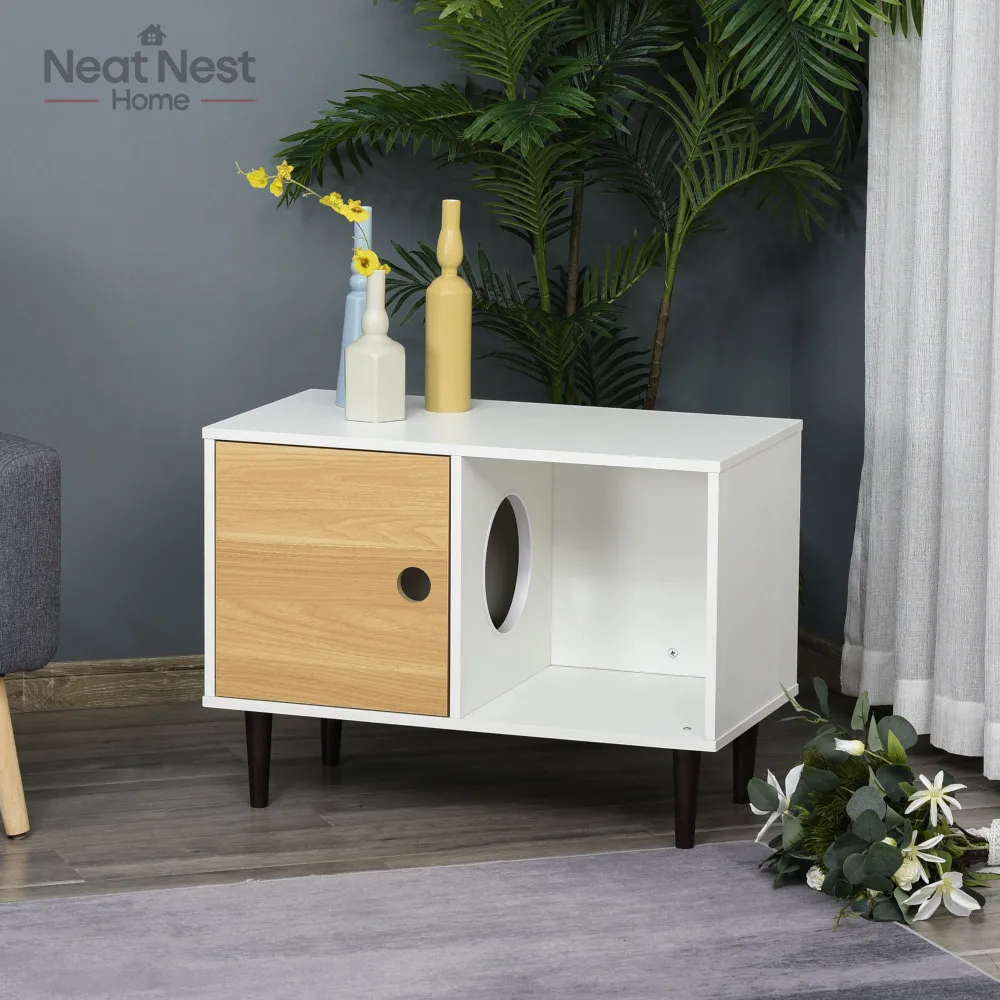 

Wooden Cat House with Soft Cushion, Decorative Kitten Condo Side Table, Elevated Pet House with Storage Space, pet accessories
