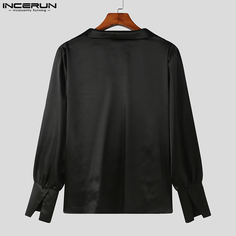 INCERUN Tops 2024 American Style New Men Fashionable Satin V-neck Shirts Casual Male Solid Well Fitting Long Seeved Blouse S-5XL