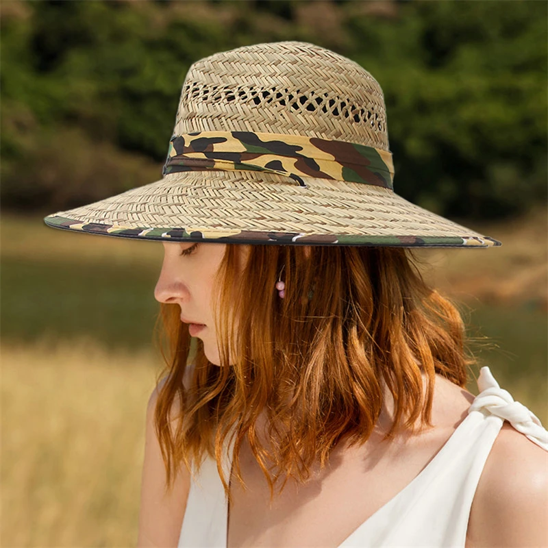 Handwork Women Men Lifeguard Hat Straw Cowboy Summer Beach Sun Hat Black Red Ribbon Outdoor Wide Brim Panama Hat Cowgirl Caps