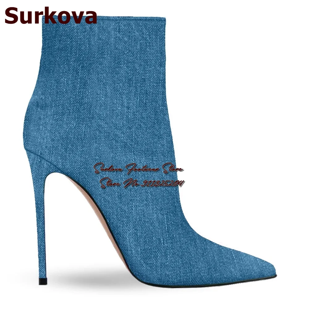 Surkova Blue Denim Stiletto Heel Ankle Boots Pointed Toe Zipped Short Booties Slim Fit Women Jeans Dress Shoes Size46