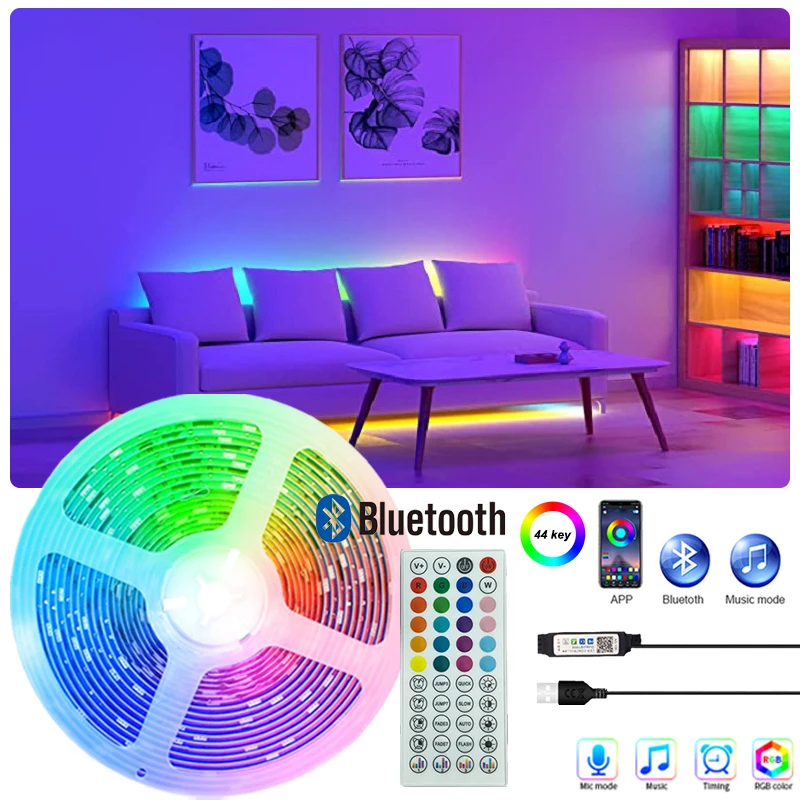 Bande lumineuse LED avec télécommande Bluetooth à 44 touches, lumière néon glacée, synchronisation de musique, commande par téléphone, pour la