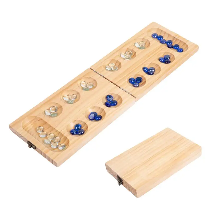 African Chess Set Wooden Foldable Mancala Game Chess Set With 48 Glass Beads Strategy Educational Games Multifunctional Novelty