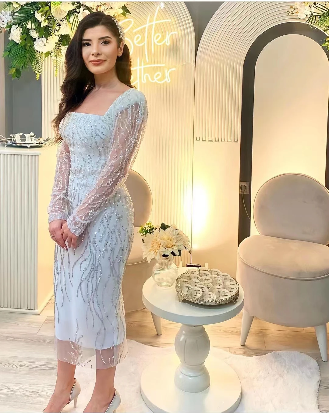 AsaNagi White Evening Dresses Square Neck Beading Tea-Length Women Wedding Party Elegant Prom Dress 2023 vestidos de gala