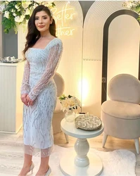 AsaNagi White Evening Dresses Square Neck Beading Tea-Length Women Wedding Party Elegant Prom Dress 2023 vestidos de gala