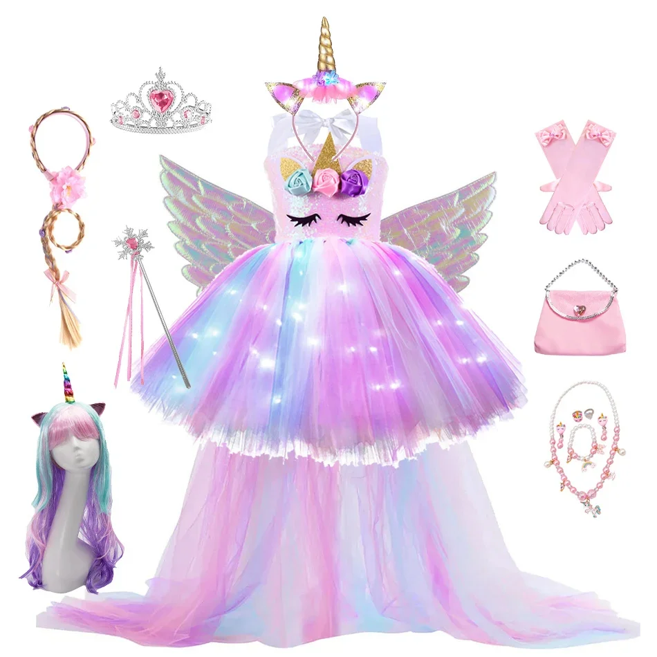 Kids Long Tail Unicorn Dress with LED Lights Girls Birthday Party Dress Princess Carnival Costume Hairband Pastel Rainbow Gown