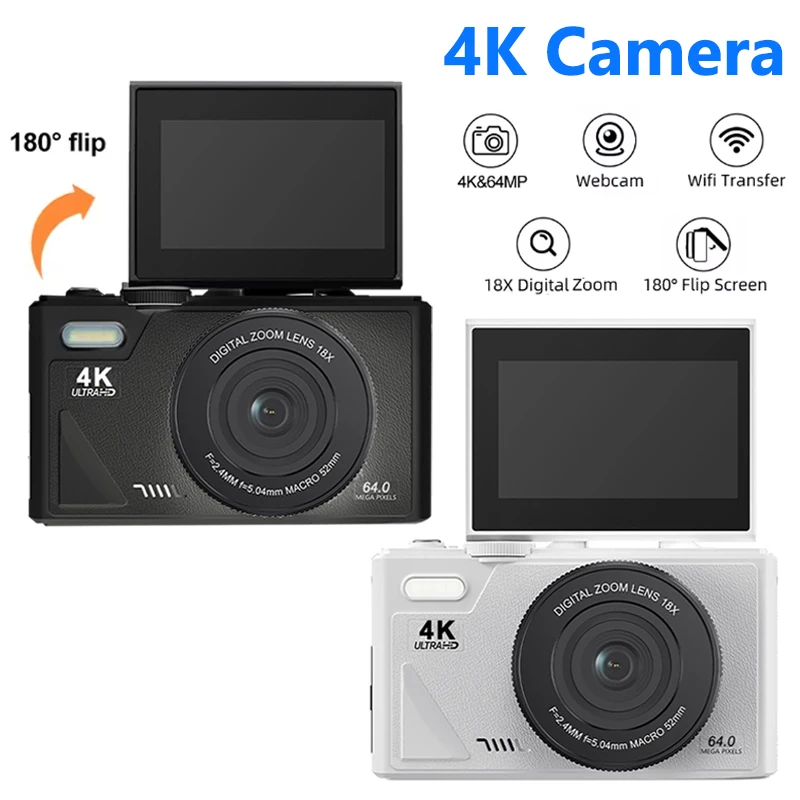 

4K Digital Camera for Photography and 18X Digital Zoom Camera 64MP Compact Vlogging Camera 3'' 180° Flip Screen with Flash