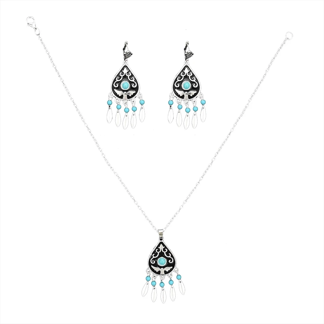 Gypsy Red Blue Acrylic Necklaces & Earrings Sets for Women Boho Vintage Metal Female Party Jewelry Set Turkish Afghan Party Gift