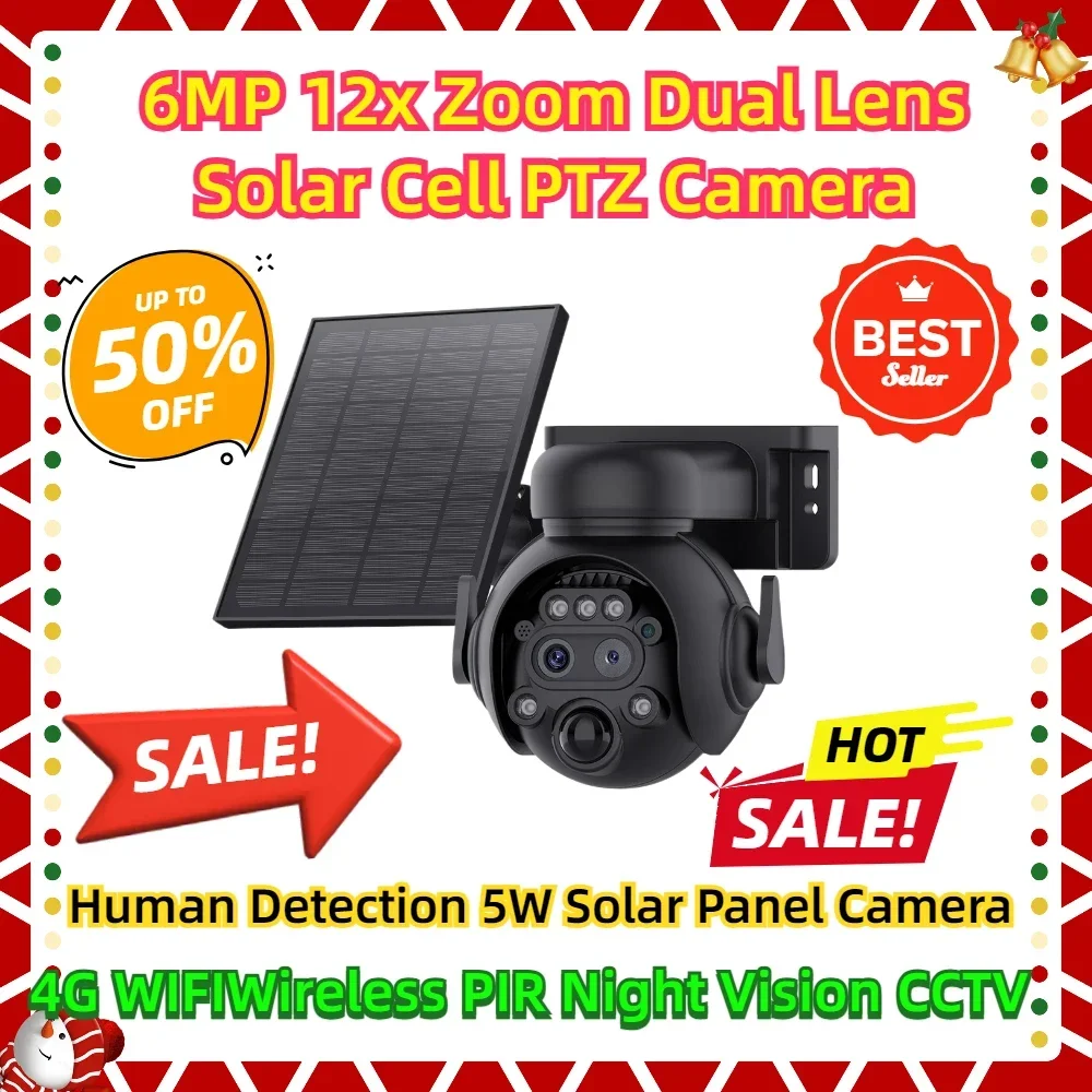 

4G WIFIWireless PIR Human Detection 5W Solar Panel Camera Night Vision CCTV 6MP 12x Zoom Dual Lens Solar Cell PTZ Camera