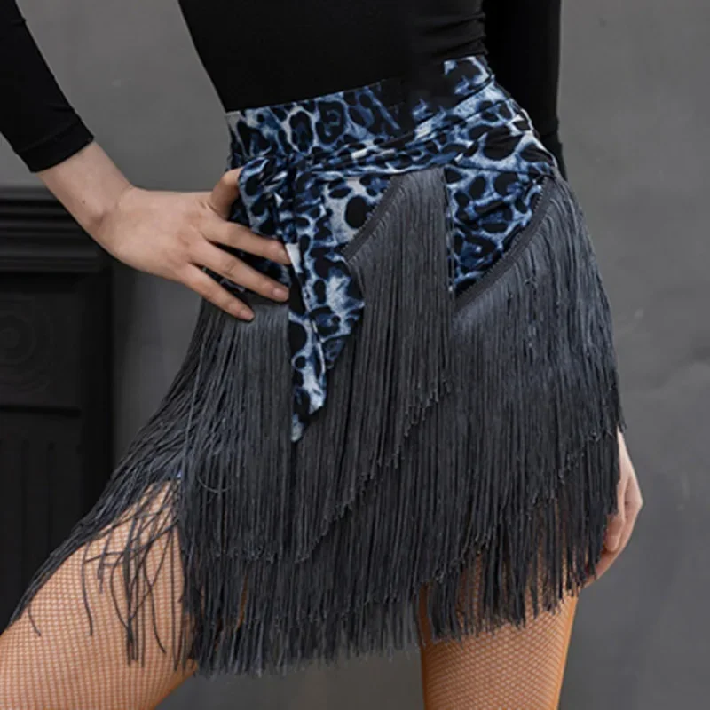 Women Leopard Print Latin Dance Skirt Tassel Fringe Wrap Scarf Style For Ballroom Tango Training Performance Dance Wear Zym