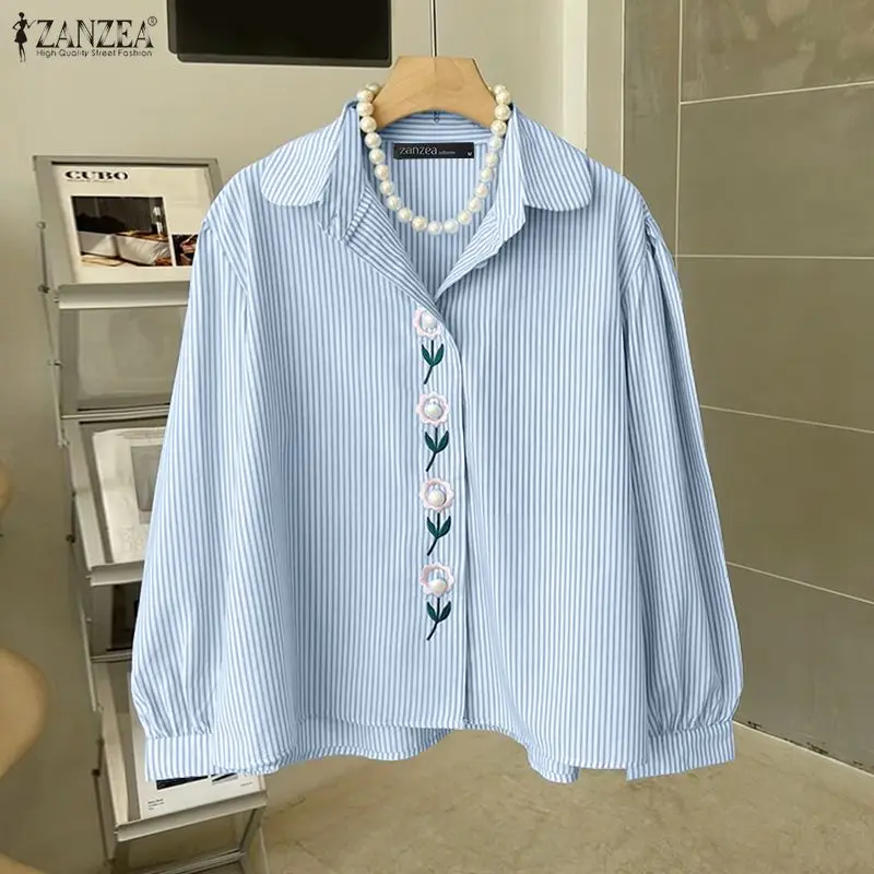 

2026 ZANZEA Women Striped Shirts Blouse Fashion Spring Floral Embroidery Long Sleeve Casual Loose Blusas Streetwear Office Tops