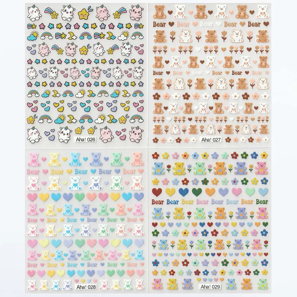 126Pcs Kawaii 3D Cartoon Bear/Heart Nail Stickers Colorful Christmas Bear Flowers Nail Art Decor fai da te autoadesivo ragazza Slider