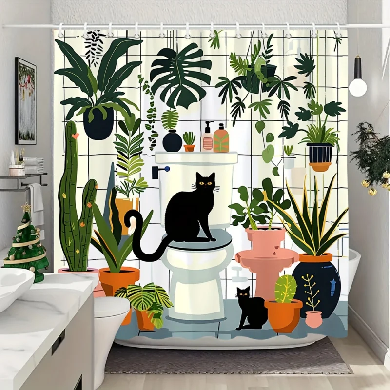 Chic Cartoon Cat & Floral Potted Plant Shower Curtain - Green Botanical Design, Durable Polyester with Hooks Included, Machine W