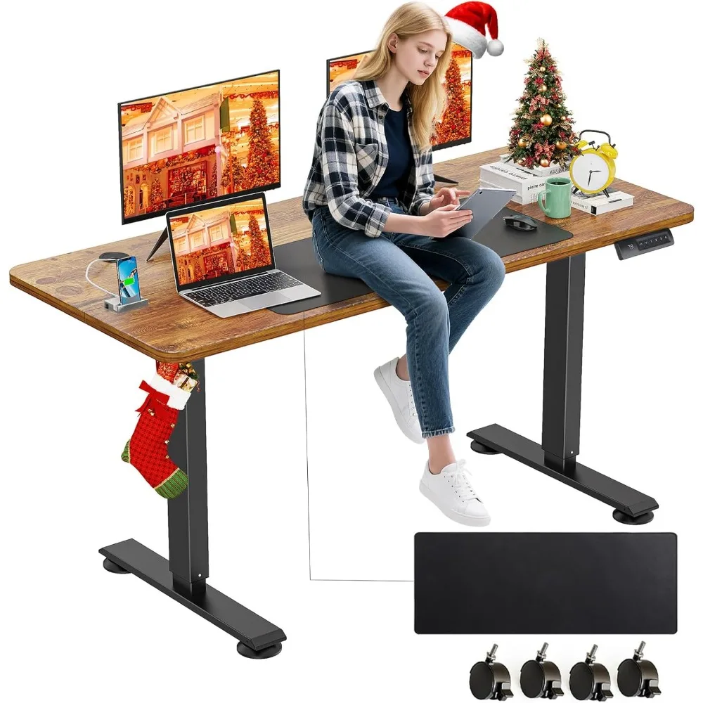 

Electric Standing Desk Adjustable Height, 55 x 24 Inch Sit Stand up Desk with Large Mouse Pad, Double Metal Hook,4 Wheels,4 Mem