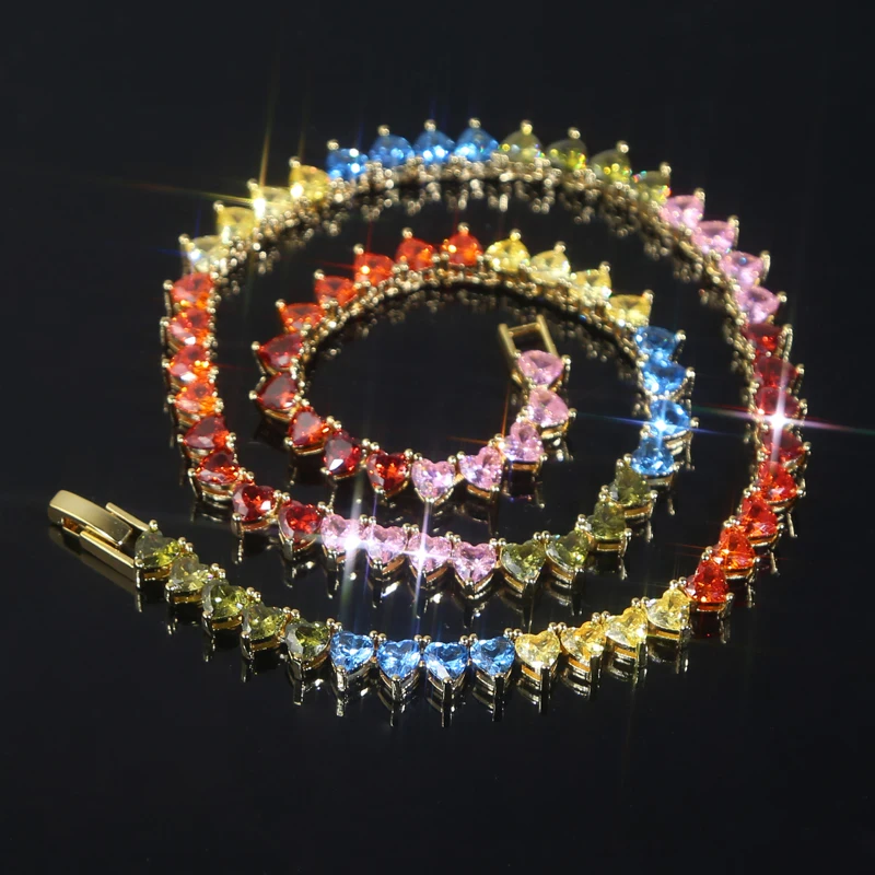 2026 New Arrived Christmas Gift Jewelry Gold Plated Rainbow Heart Shaped Cubic Zirconia CZ Tennis Chain Choker Necklace