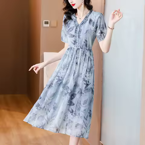 2025 Summer Luxury Silk Floral Casual Midi Dress Women's Vintage Elegant Evening Prom Dress Spring Holiday Boho Hepburn Vestidos