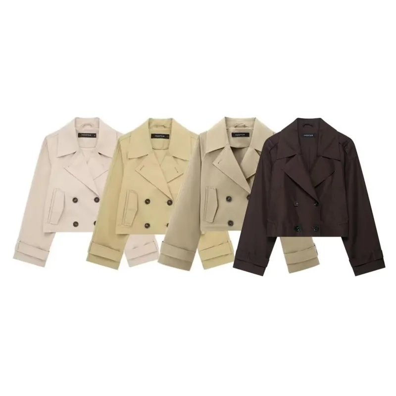 

Women Double Breasted Short Jacket Casual 2025 Autumn Windbreaker Style Long Sleeve Lapel Women Jacket Female Jackets