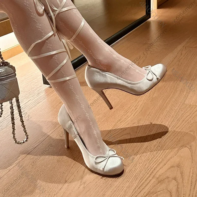 Comemore عالية الكعب النساء أحذية الربيع جولة رئيس القوس الساتان الباليه الكعوب للنساء Gentle الفرنسية مزاجه مضخات حذا فردي للسيدات #2