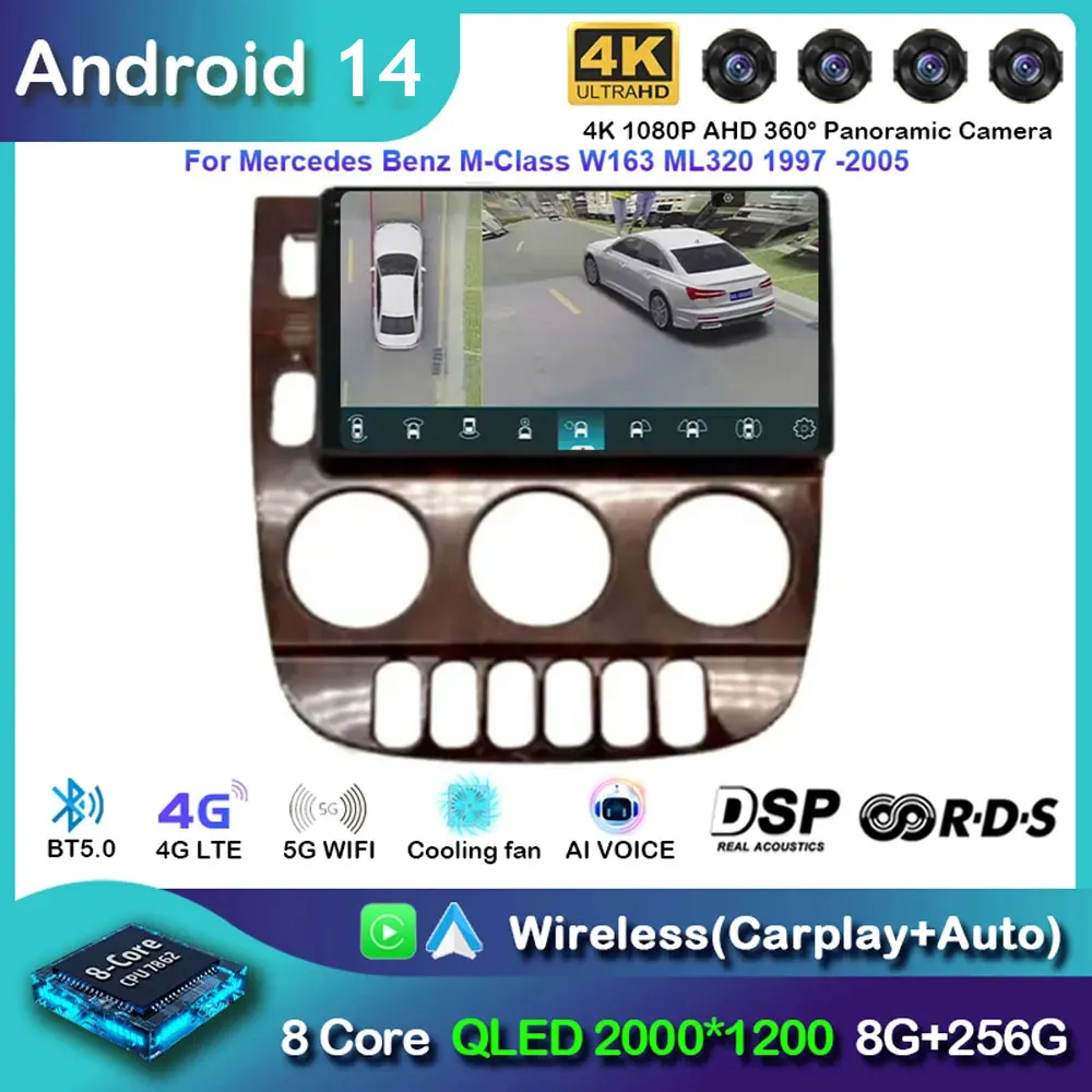 Android 14 Car Radio For Mercedes Benz M-Class W163 ML 1997 - 2005 Navigation Multimedia Player Stereo WiFi+4G Video Carplay BT